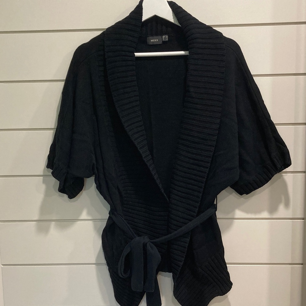 Mexx Black Short-Sleeve Ribbed Shawl Collar Cardigan with Belt